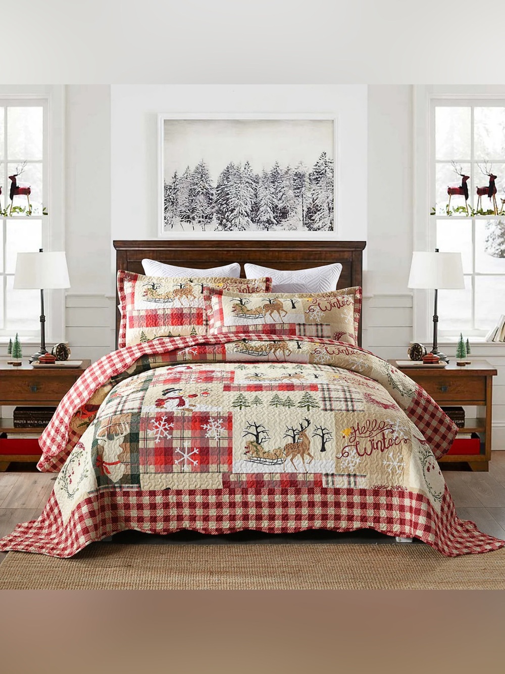 Rustic Winter Plaid Reversible Quilt Set - Red & Cream